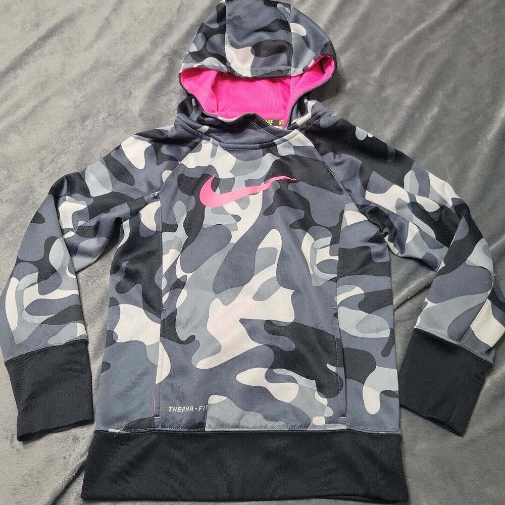 Nike Jacket Women Small Pullover Sweater Grey Camo Hoodie Fleece Line‎ Pink Logo